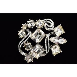 Vintage Crystal Pin Brooch Baguette Rhinestone Silver Tone Retro Glam 50s BinBP